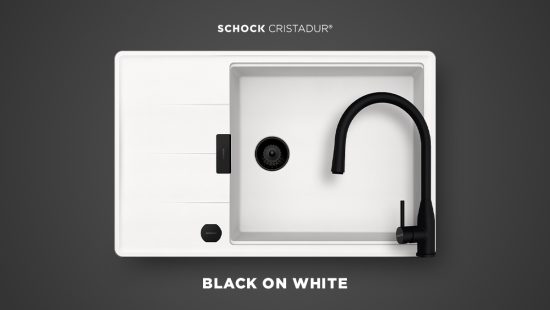 Chiuvetele de bucatarie Schock alb cu baterie Kavus cu dus extractibil negru